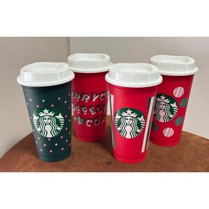 STARBUCKS REUSABLE PLASTIC CUP WITH LID HOT COLD LOT OF 4 16 OZ